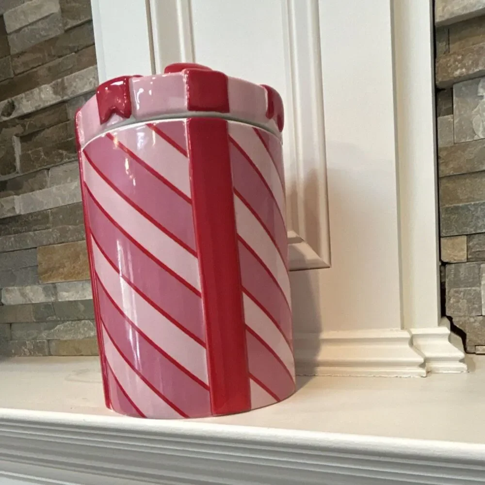 Ceramic Holiday Christmas Cookie Jar With Bow on Lid Red Pink Striped 5x8